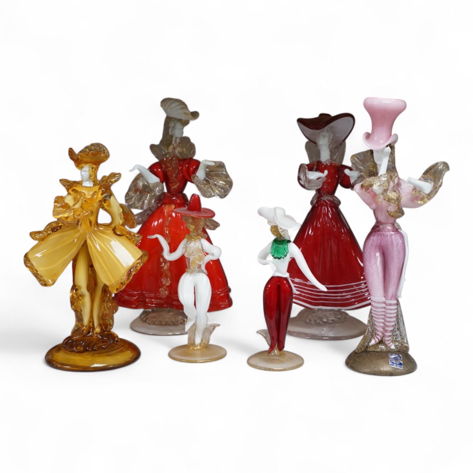 Six Murano glass dancing figures, largest 32cm